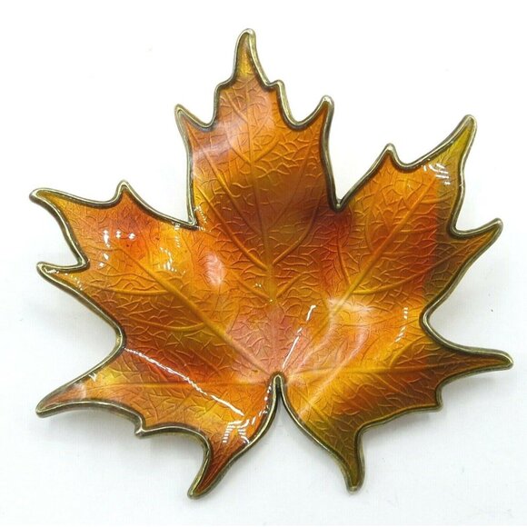 Hroar Prydz  Sterling Silver Orange Amber Enamel Maple Leaf  Brooch, N40 - Picture 10 of 10